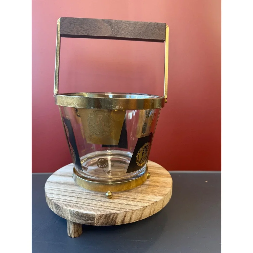 Cera Ambassador Gold Coin Ice Bucket and 4 Rocks Glasses MCM Barware Set
